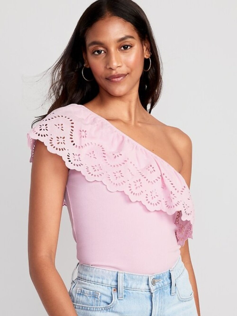 Old Navy Eyelet One-Shoulder Paneled Rib-Knit Top